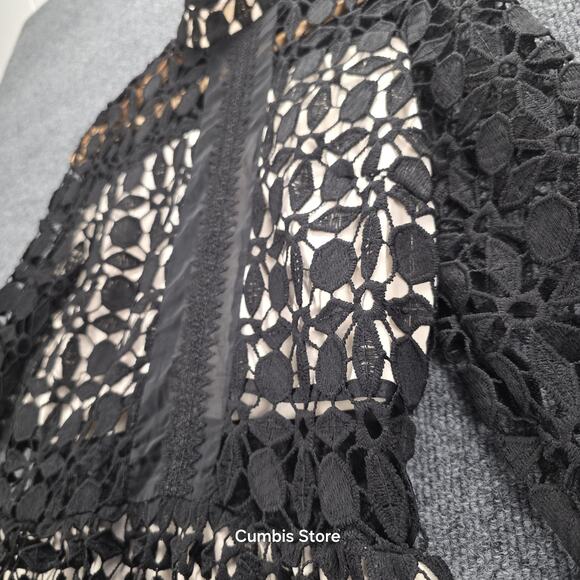 EillyBazar Dress Womens Medium Black Crochet High Neck Bell Sleeve Mini Cocktail - Picture 7 of 13